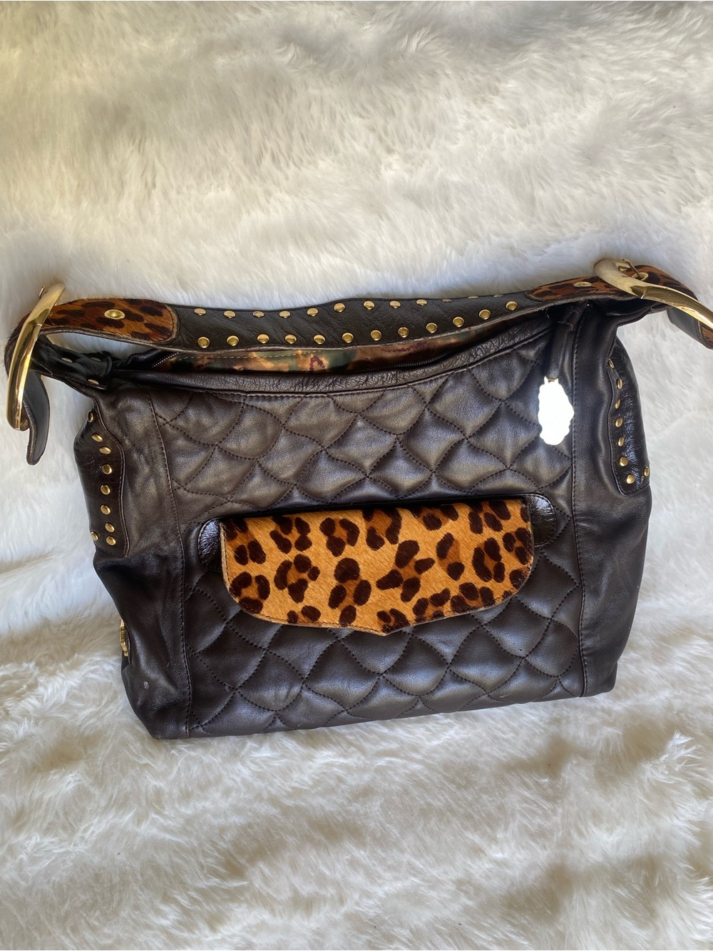 Quilted Dark Brown Leather Shoulder Bag with Leopard Accent